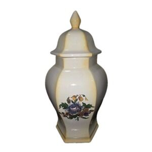 🌼 Vintage Hexagonal Ceramic Ginger Jar w/ Lid Floral Motif Yellow Glaze 11"‎